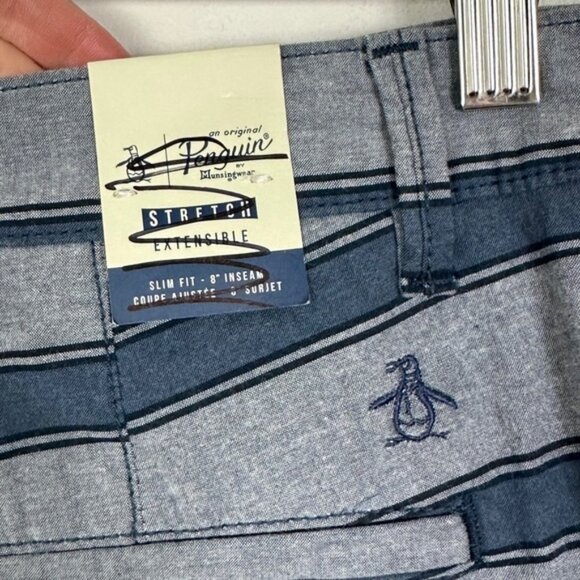NWT Original Penguin 8inch Striped Chino Shorts Slim Fit Stretch Blue Size 33 Be - Picture 5 of 14
